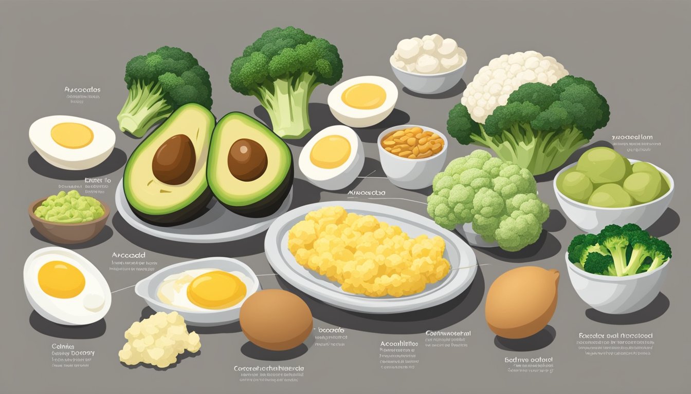 A table with various foods: avocado, broccoli, cauliflower, and eggs. Each food item is labeled with its respective carb count