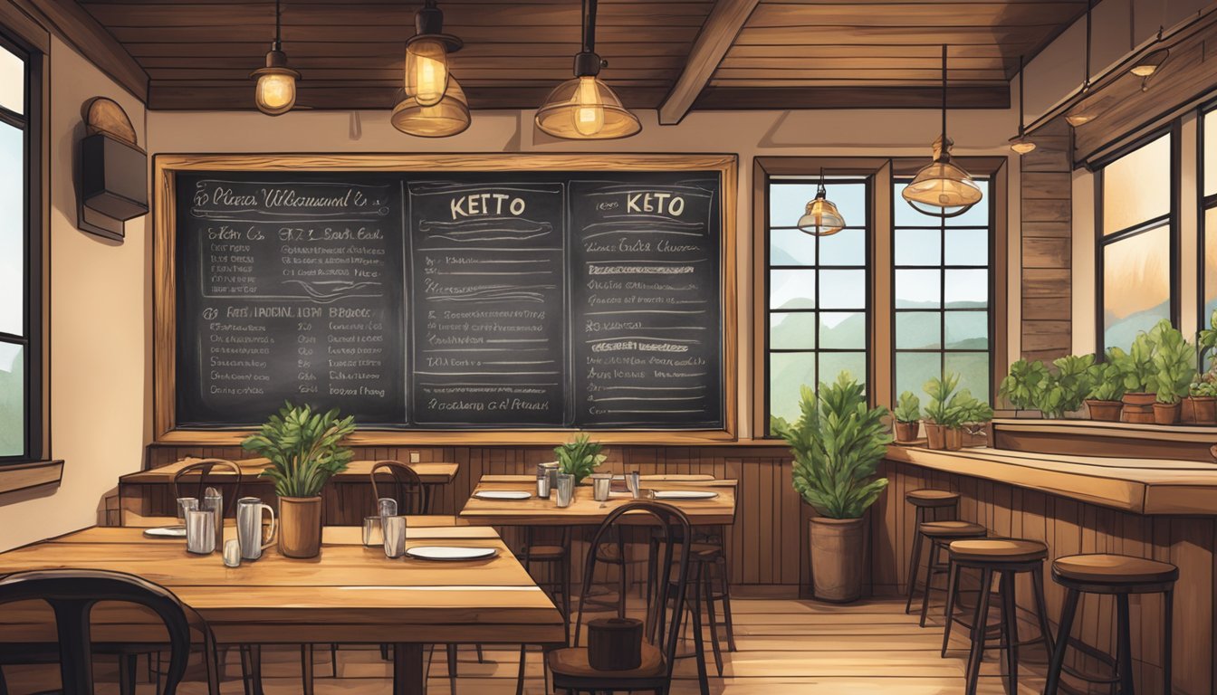 A cozy restaurant with a chalkboard menu featuring keto-friendly options. Warm lighting and rustic decor create a welcoming atmosphere for diners