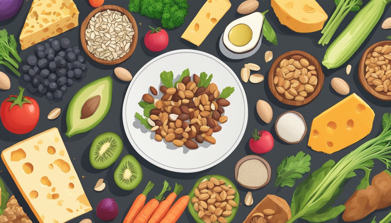 A table with a variety of keto-friendly snacks: nuts, seeds, cheese, and sliced vegetables, surrounded by a colorful assortment of fresh produce