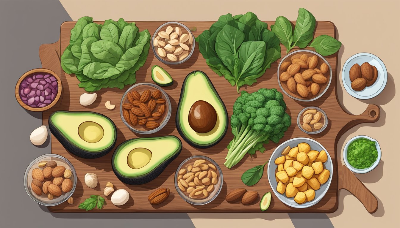 A colorful array of keto-friendly foods like avocados, leafy greens, nuts, and lean meats arranged on a wooden cutting board