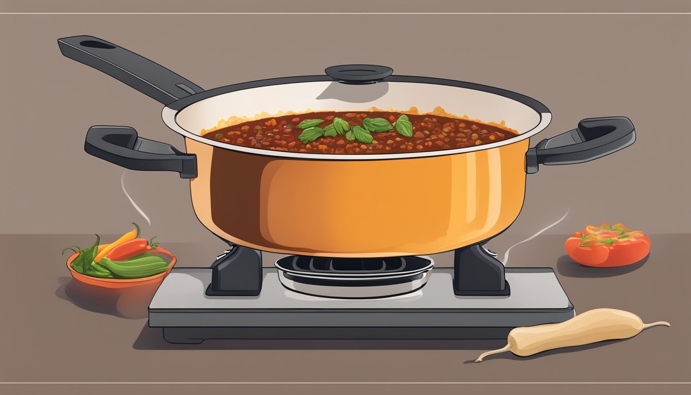 A simmering pot of keto-friendly chili, filled with ground meat, vegetables, and spices, steams on a stovetop