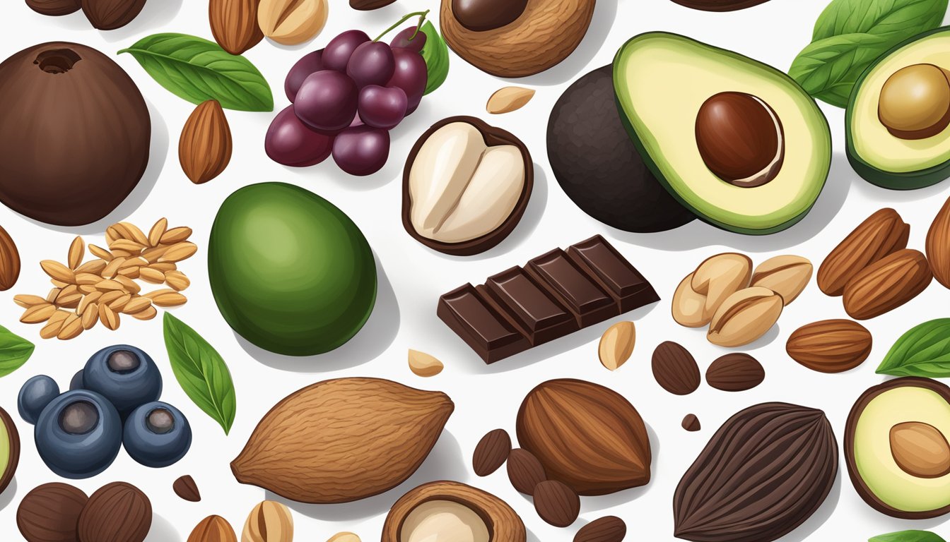 A table with a variety of keto-friendly foods: nuts, seeds, avocados, berries, and dark chocolate, all in moderation