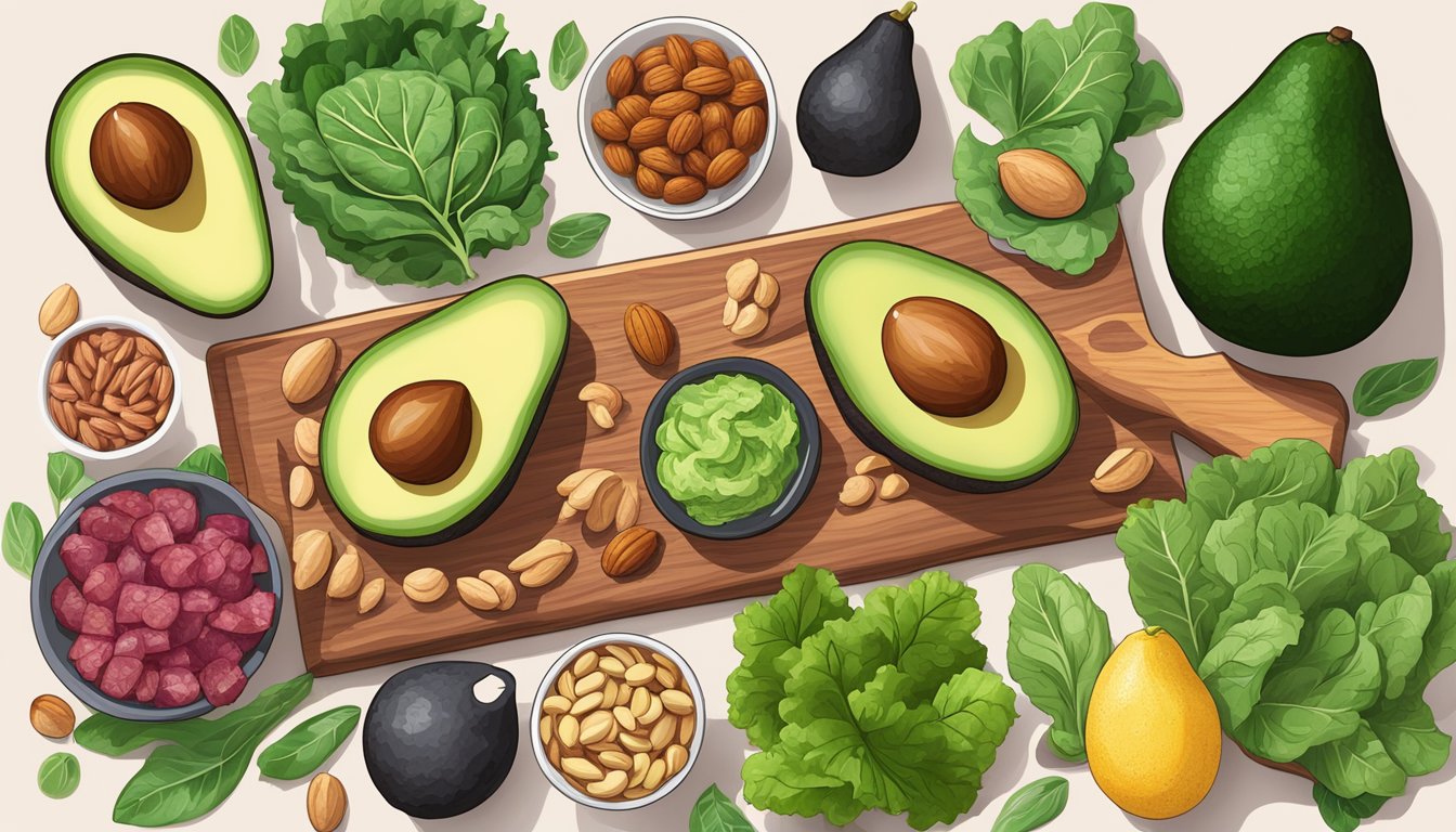 A colorful array of keto-friendly foods, including avocados, leafy greens, nuts, and lean meats, arranged on a wooden cutting board