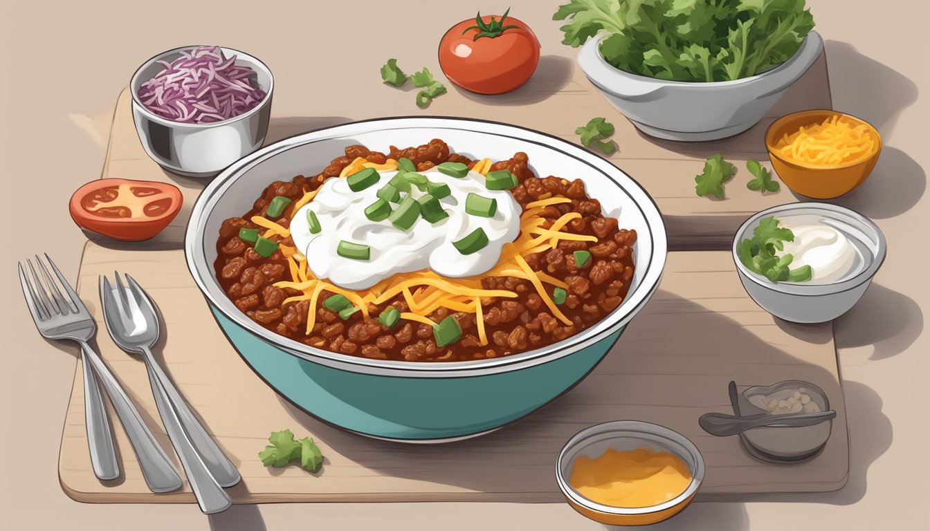 A bowl of chili with keto-friendly ingredients like ground beef, low-carb vegetables, and sugar-free tomato sauce, topped with a dollop of sour cream and a sprinkle of shredded cheese