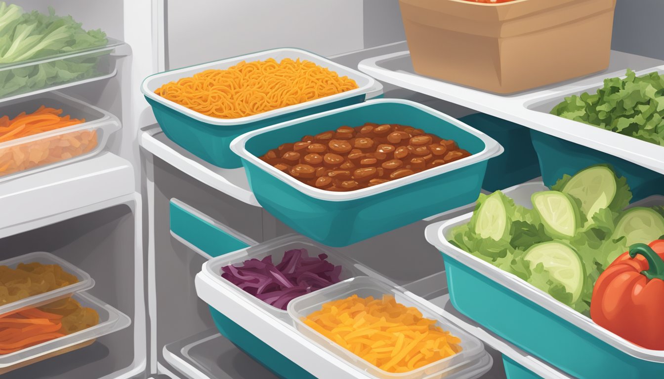 A microwave-safe container of keto chili being placed in the refrigerator next to containers of prepped keto-friendly vegetables and low-carb tortillas