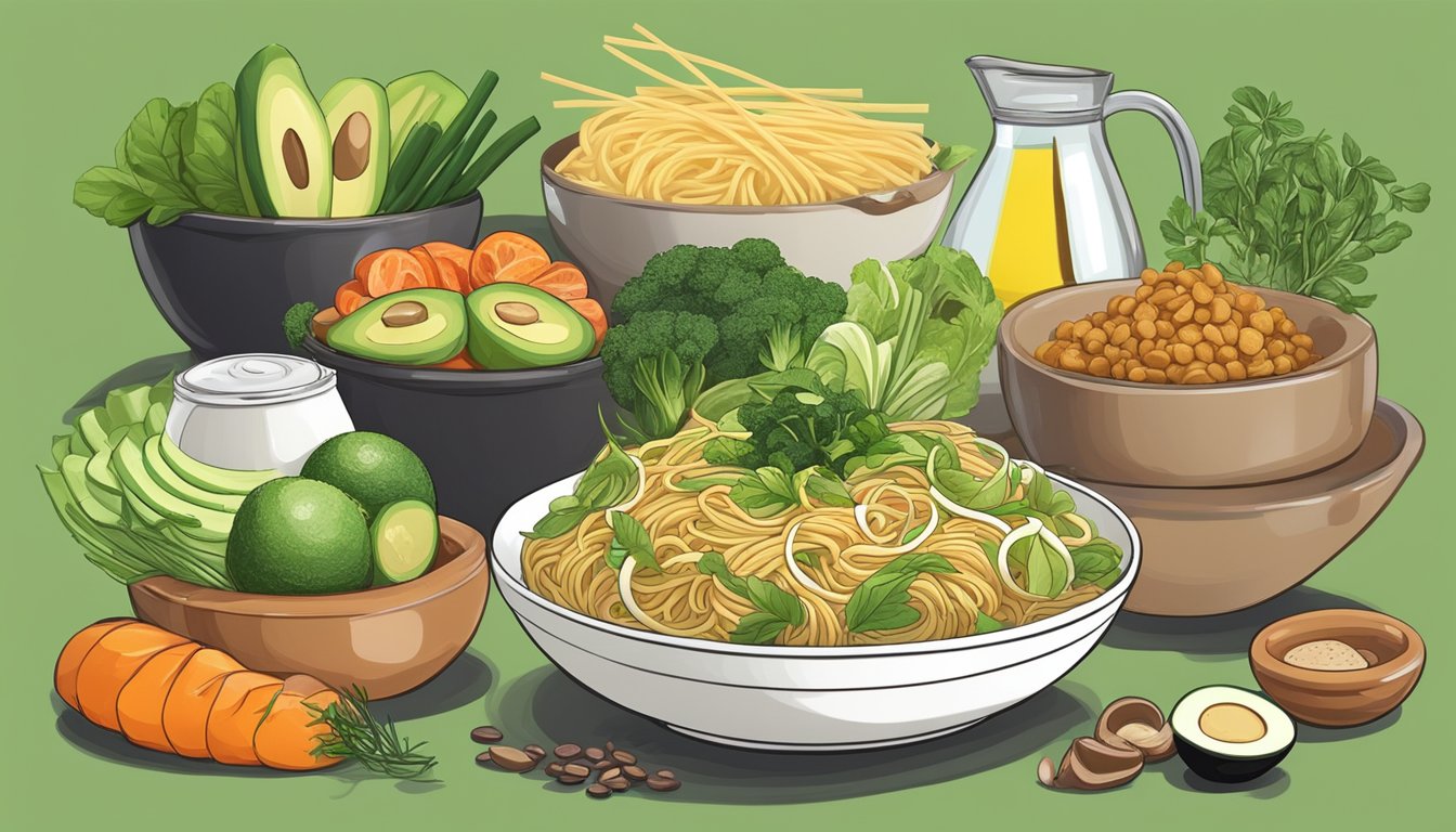 A bowl of keto-friendly noodles surrounded by low-carb vegetables and a variety of healthy fats like avocado and olive oil