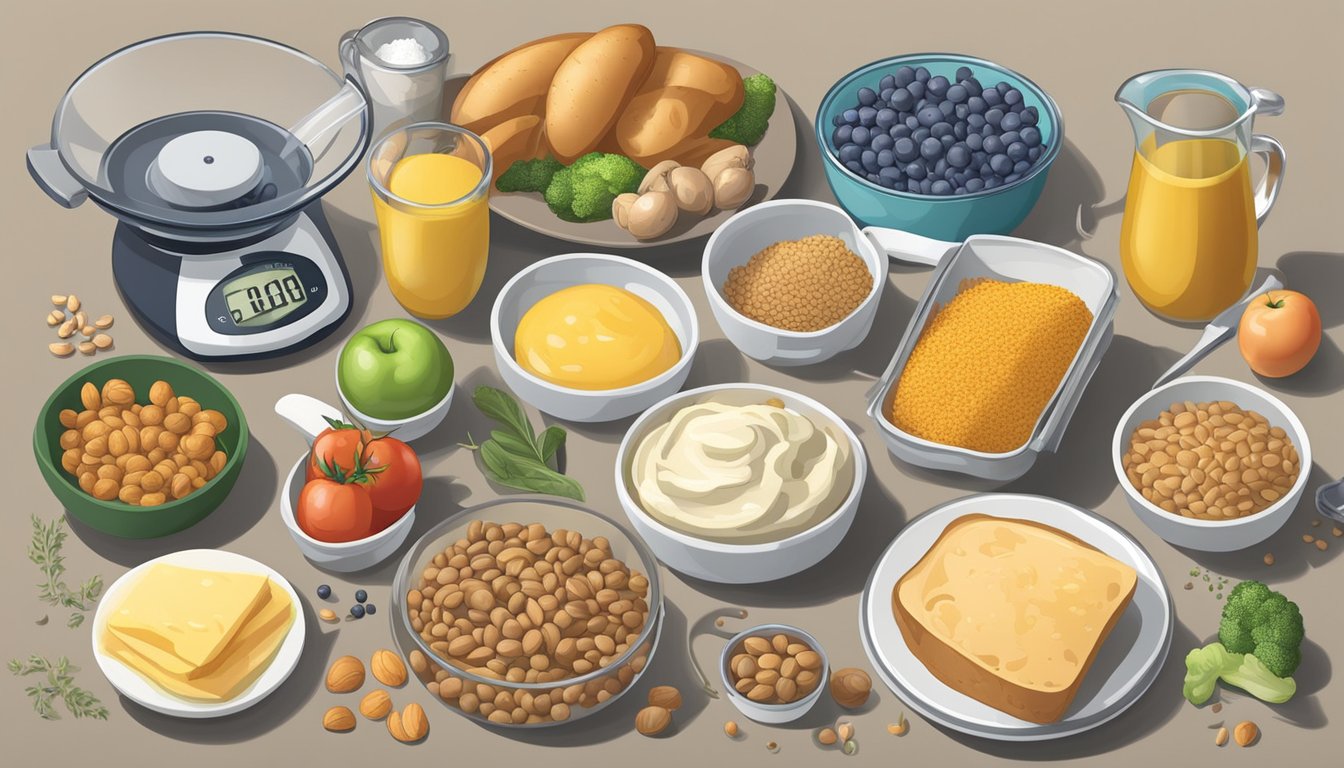 A variety of low-carb, high-fat foods arranged on a table with measuring cups and a food scale