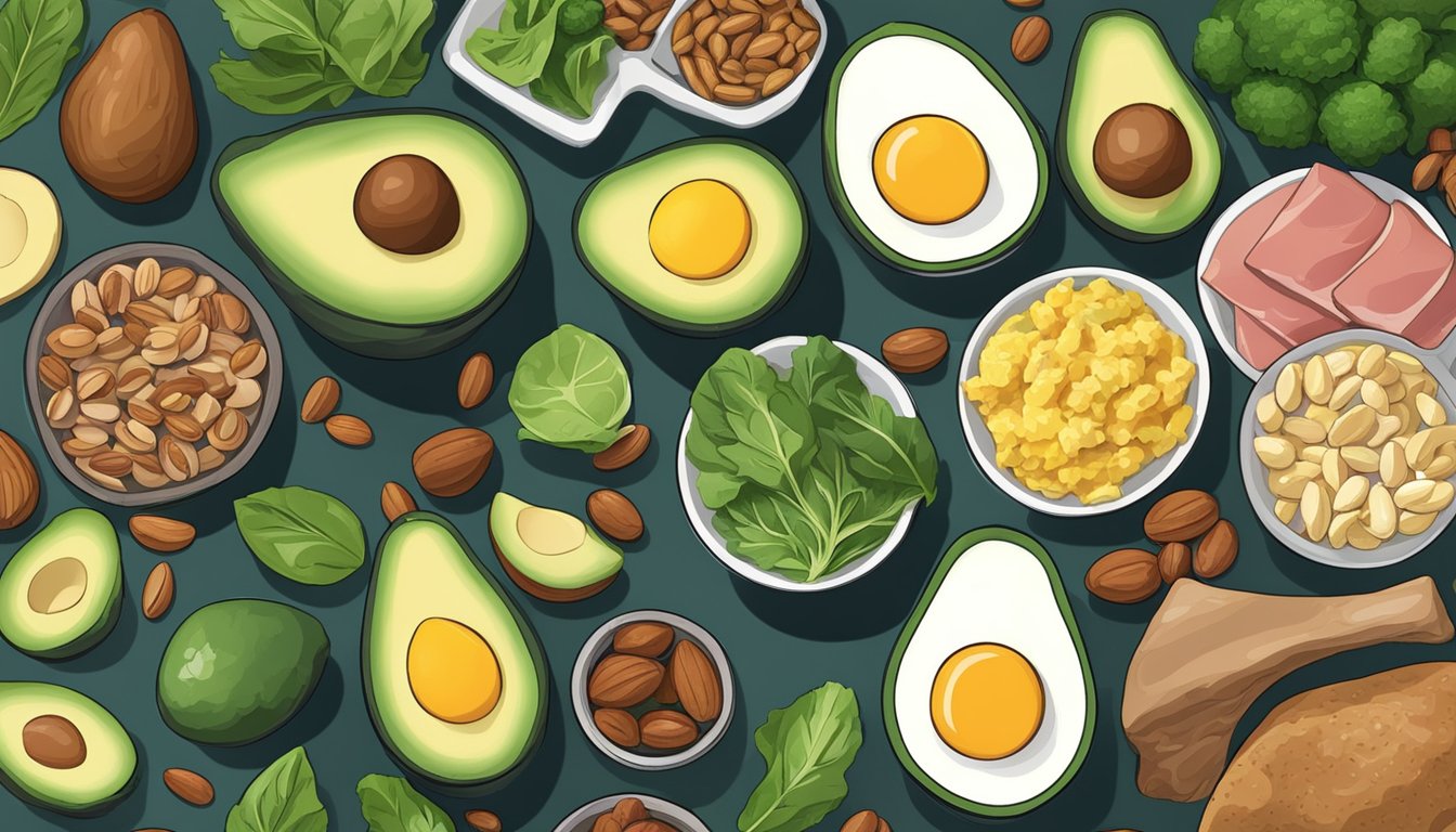 A table filled with keto-friendly foods: avocados, nuts, eggs, leafy greens, and lean meats