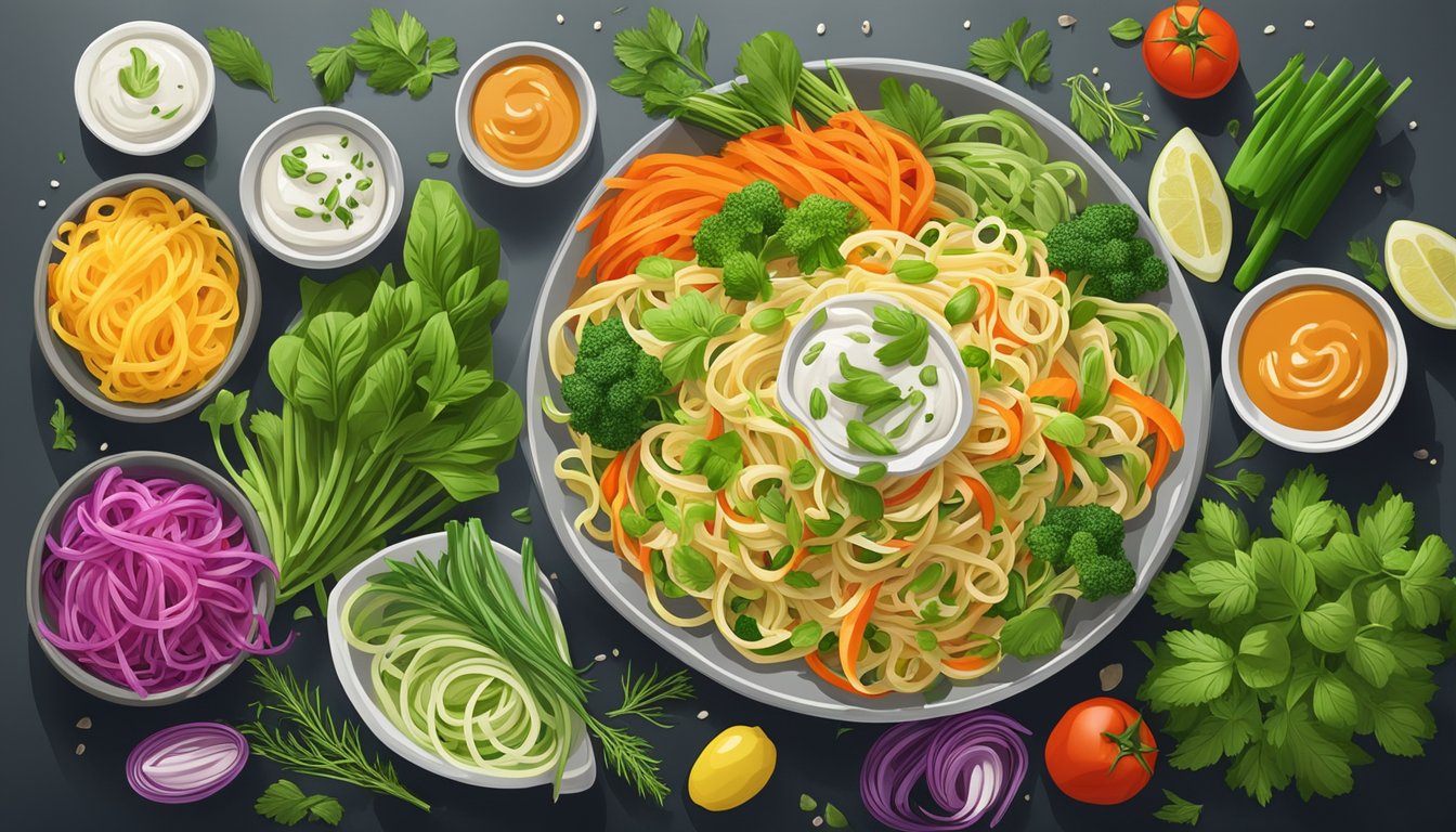 A colorful array of low-carb vegetable noodles arranged on a plate, surrounded by fresh herbs and keto-friendly sauces