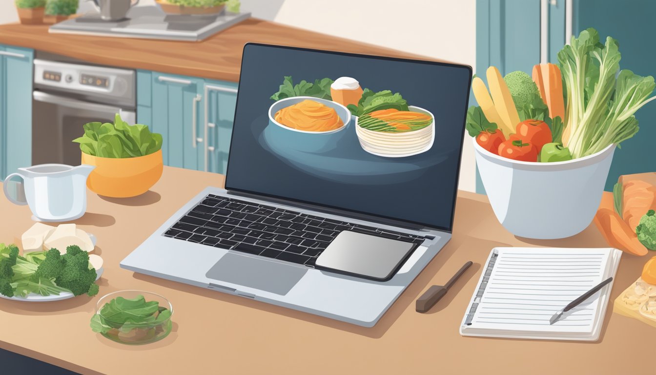 A kitchen counter with keto-friendly foods, cookbooks, and a laptop displaying keto recipes