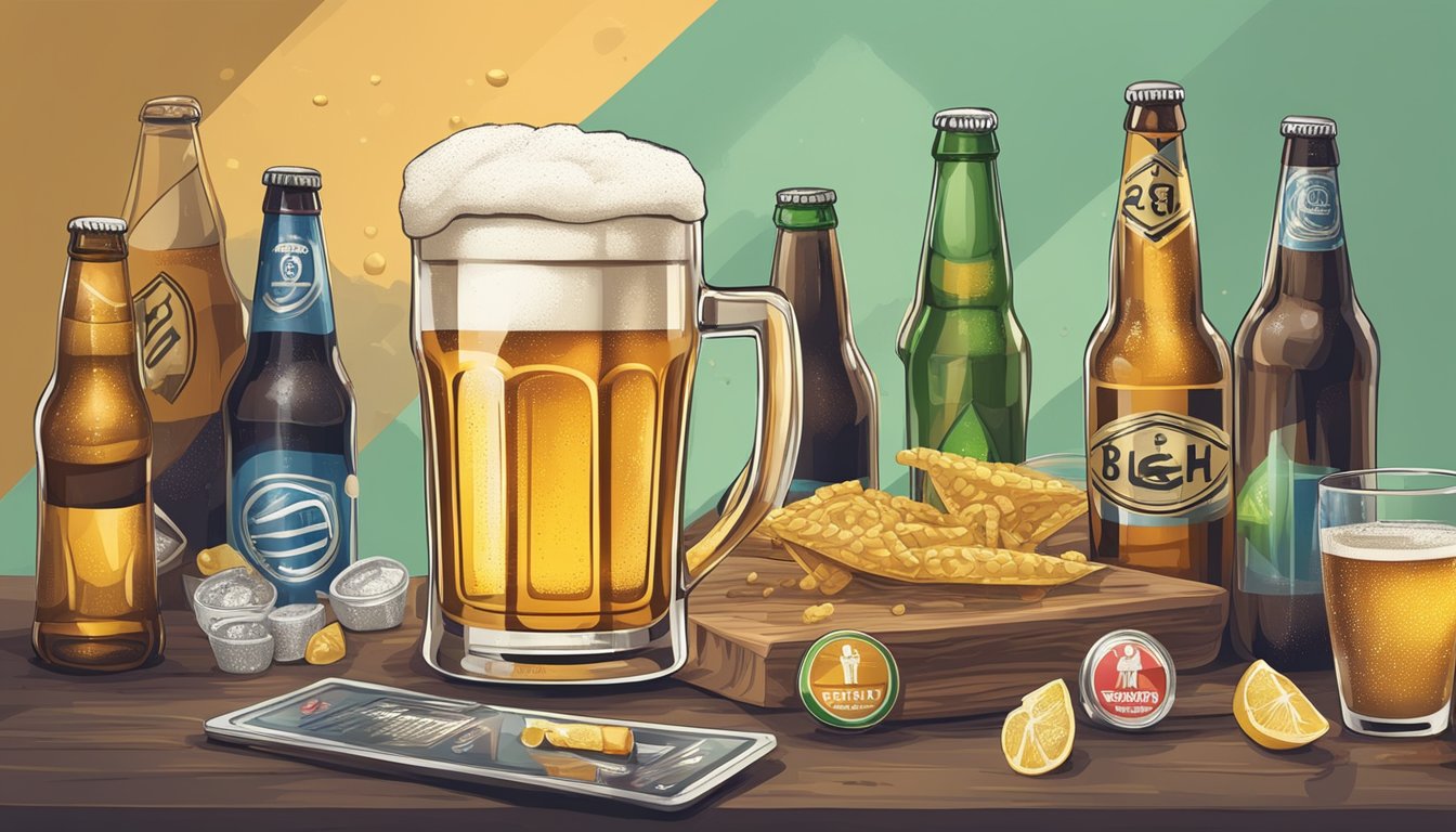 A table with a glass of beer and a can of soda surrounded by warning signs and symbols of health risks and diseases