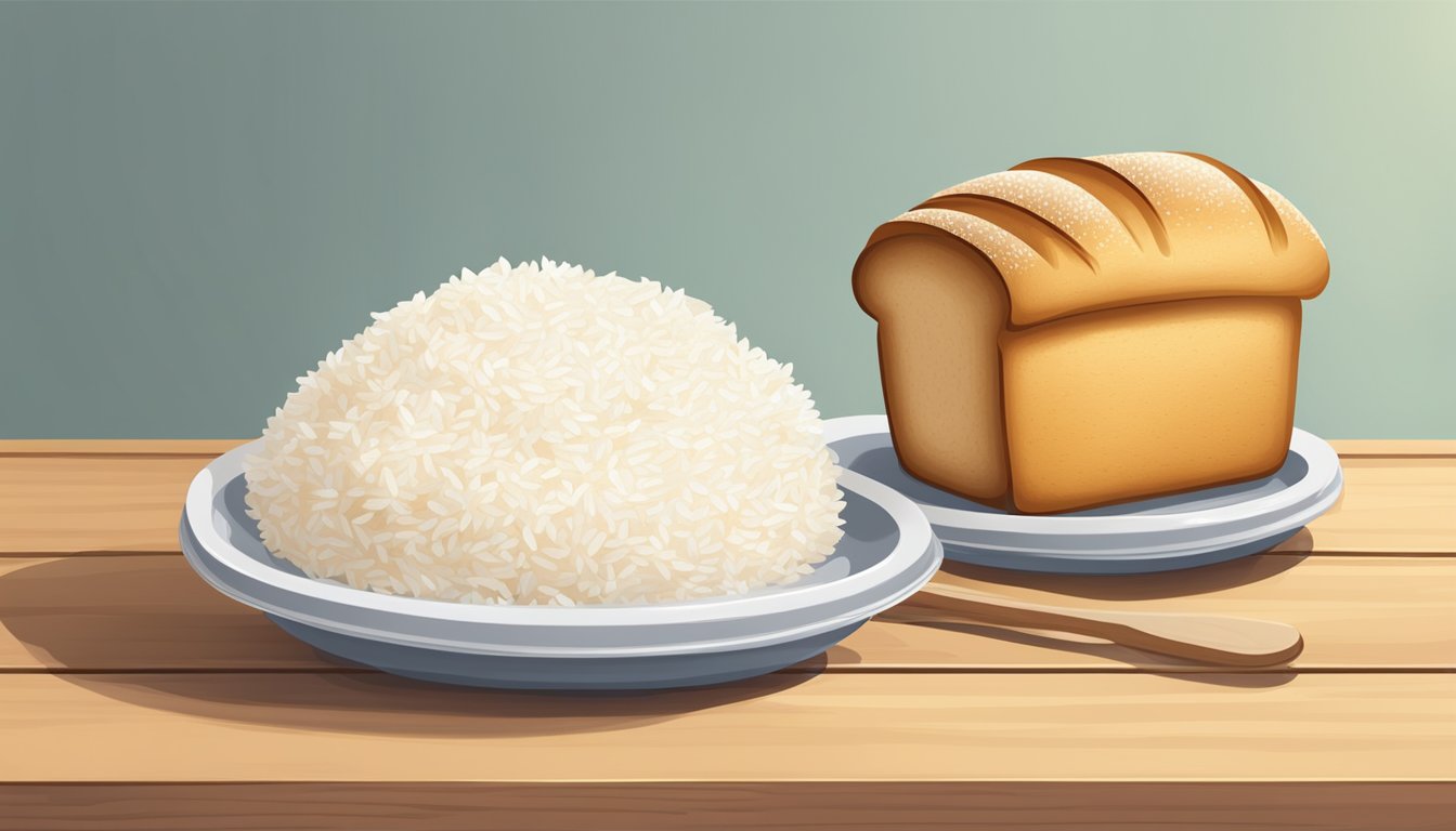 A loaf of white bread and a bowl of white rice on a wooden table