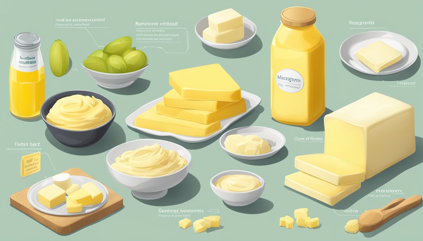 A table with a spread of margarine and butter, surrounded by various ingredients and nutrition labels