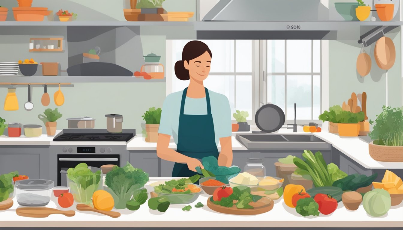 A kitchen with shelves stocked with keto and paleo foods, a person preparing meals, and a scale for measuring portions