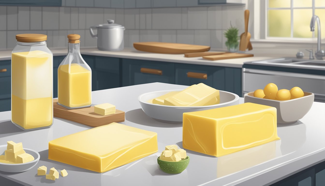 A stick of margarine and a slab of butter sit side by side on a kitchen counter, with various ingredients and processing equipment surrounding them