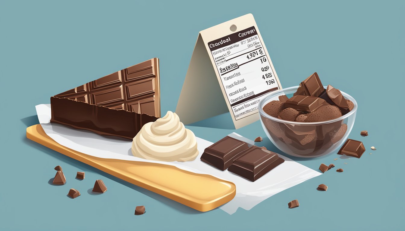 A melting ice cream cone and a half-eaten chocolate bar on a table, surrounded by nutritional labels and a scale