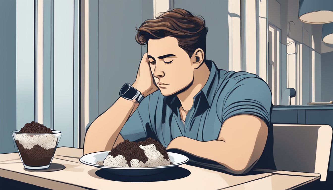 A person sitting at a table with an empty bowl of ice cream and an empty plate with chocolate crumbs, looking contemplative