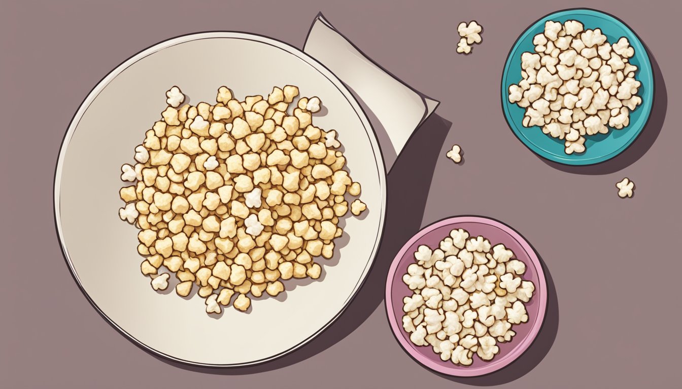 A bowl of popcorn and a plate of puffed rice cakes placed side by side on a table, with a question mark hovering above them