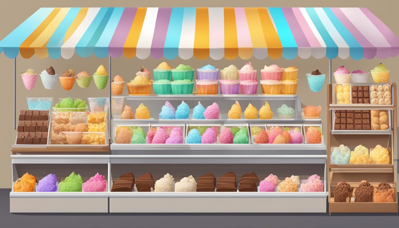 A colorful market stall displays an array of ice cream and chocolate, tempting customers with their delicious choices