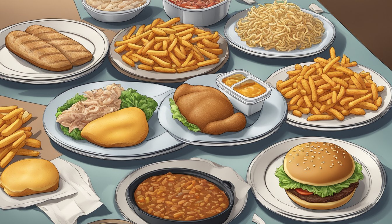 A table with greasy fast food and processed frozen dinners side by side