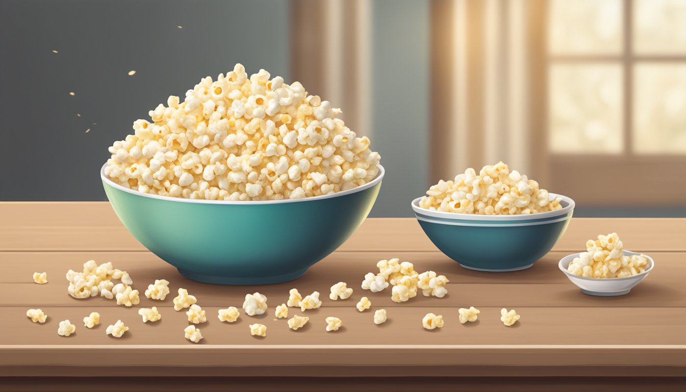 A bowl of popcorn and a plate of puffed rice cakes on a table, surrounded by scattered kernels and crumbs