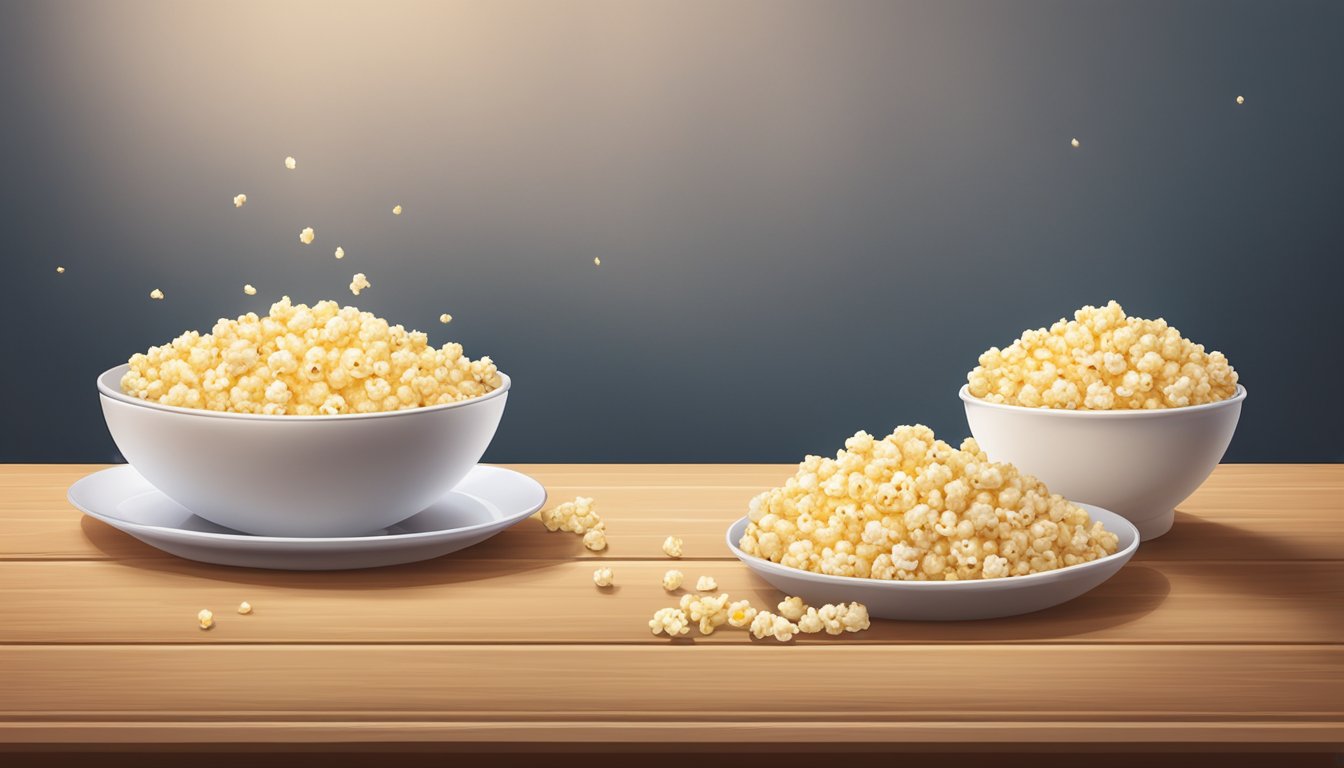 A bowl of popcorn and a plate of puffed rice cakes sit side by side on a wooden table, with a question mark hovering above them