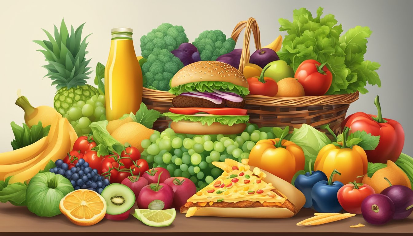 A colorful array of fresh fruits and vegetables spilling out of a wicker basket, with a fast food burger and frozen dinner in the background