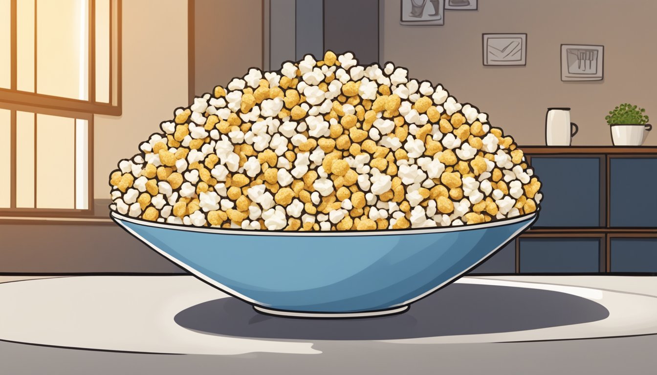 A bowl of popcorn and a plate of puffed rice cakes sit on a table, with a debate bubble above each, representing the ongoing culinary debate