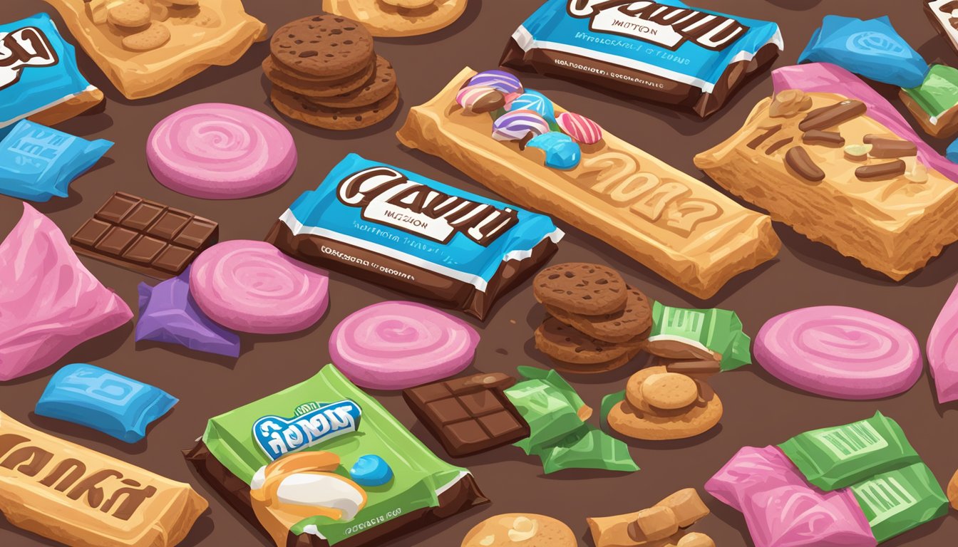 A pile of candy bars and cookies on a table, with a nutrition label next to each, surrounded by question marks