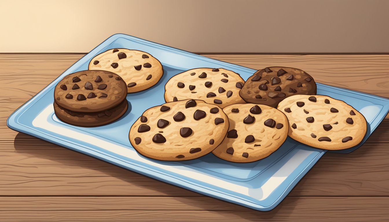 A plate of assorted cookies with chocolate chips, oatmeal, and sugar cookies, arranged on a wooden table