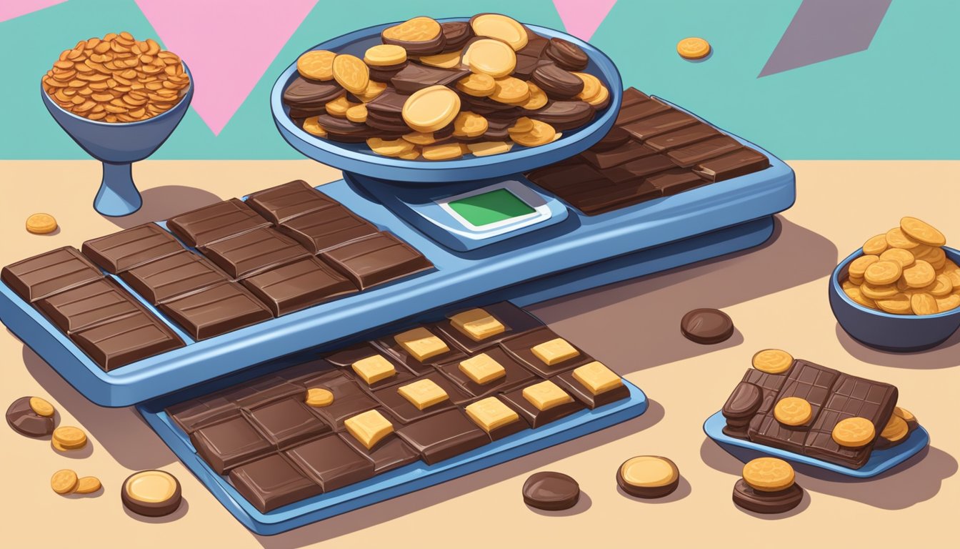 A pile of candy bars and cookies on a scale, with the candy bars tipping the scale down