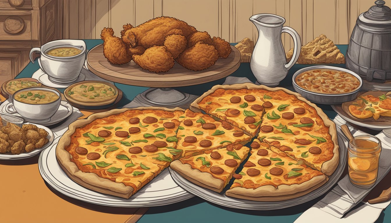 A table set with a crispy fried chicken on one side and a cheesy pizza on the other, surrounded by historical artifacts and images of their origins