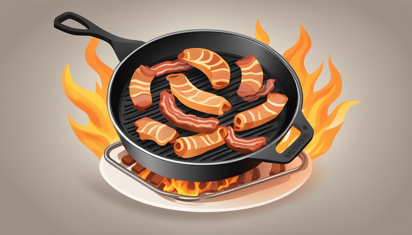 A sizzling skillet with strips of bacon and links of sausage cooking over a hot flame