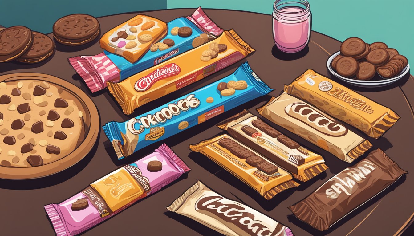 A pile of candy bars and cookies on a table, with a person contemplating which to choose