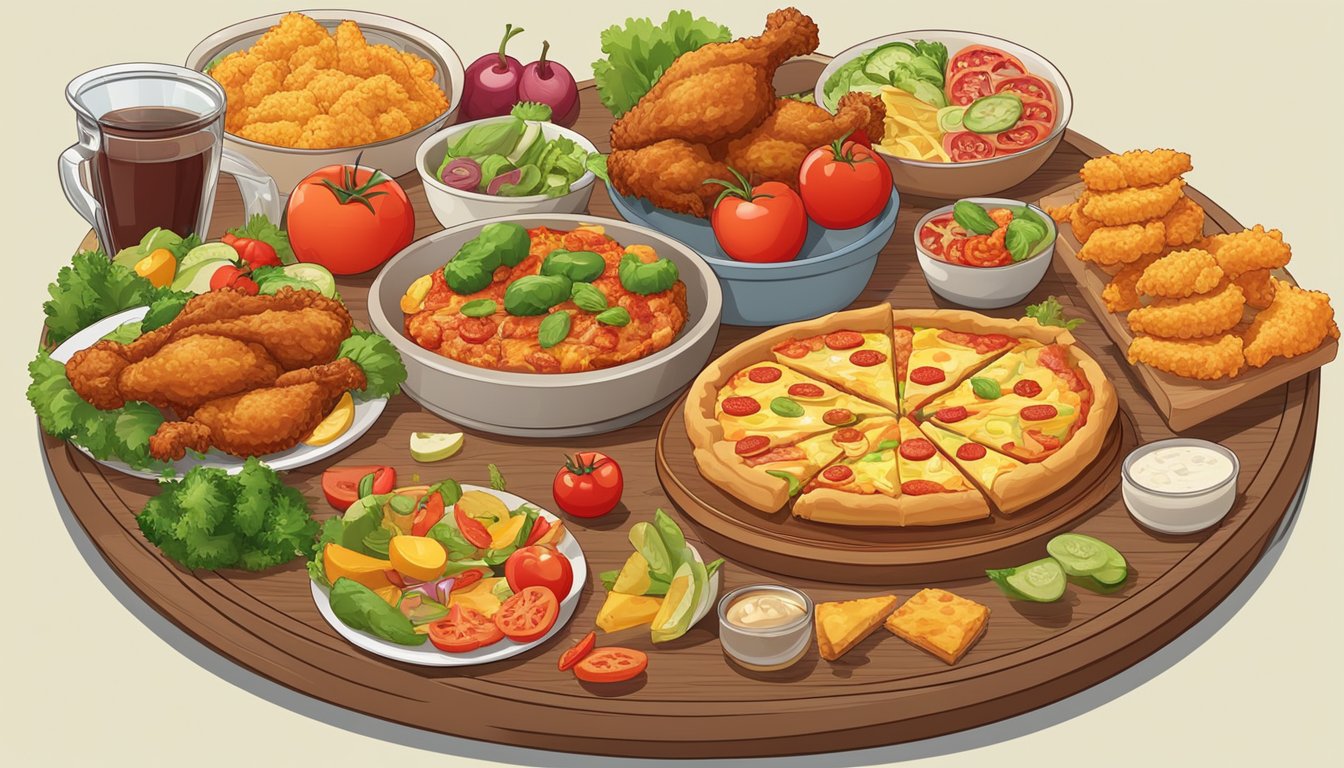 A table with a plate of fried chicken and a slice of pizza, surrounded by a variety of food items such as vegetables, grains, and fruits