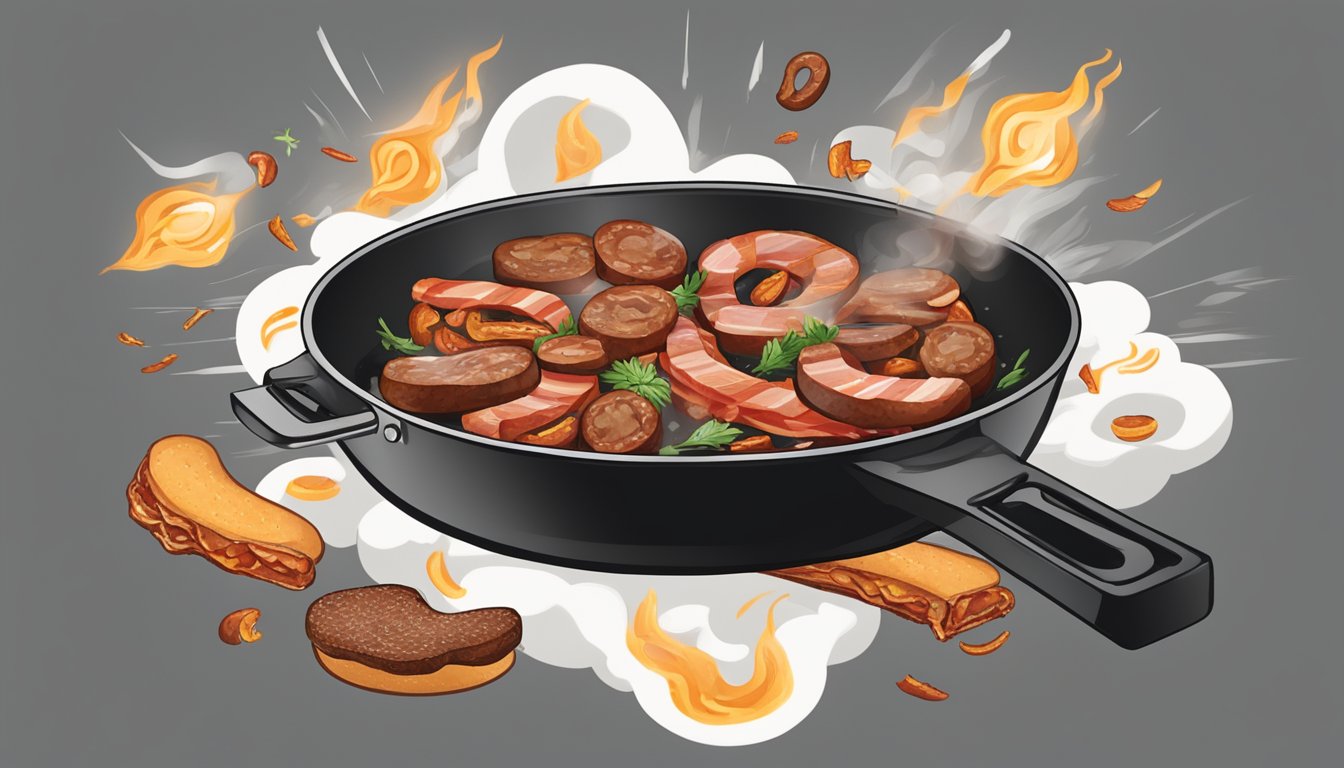 A sizzling skillet with bacon and sausage, emitting smoke and aroma, surrounded by question marks