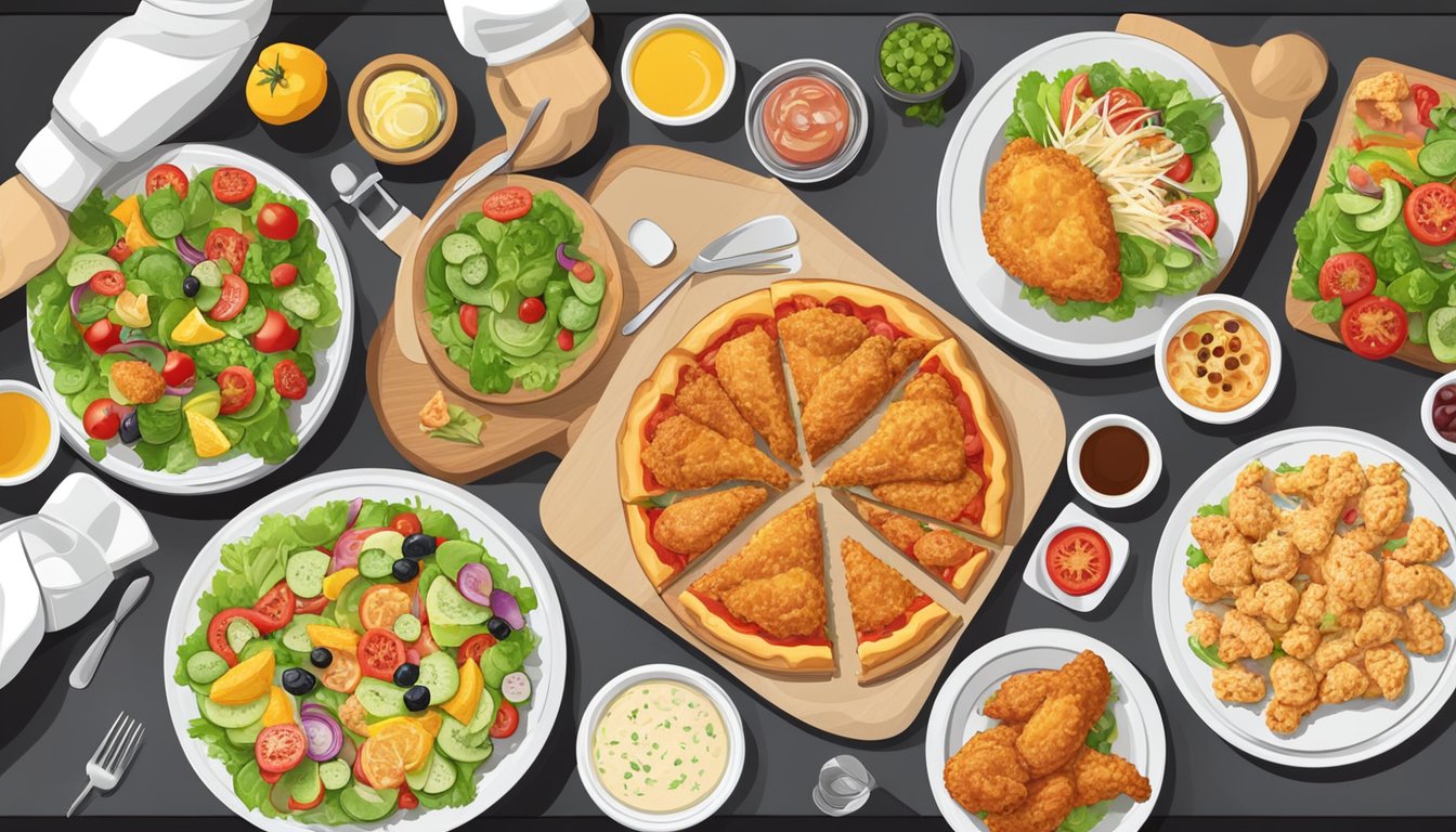 A table with a plate of fried chicken and a pizza, surrounded by various dietary considerations such as a salad, fruits, and vegetables