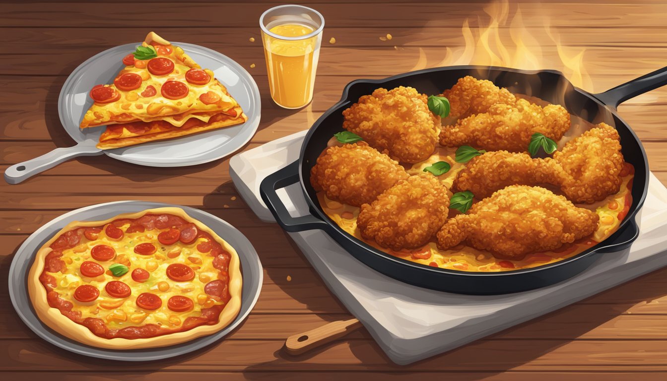 A sizzling skillet of golden fried chicken and a bubbling hot pizza on a wooden table