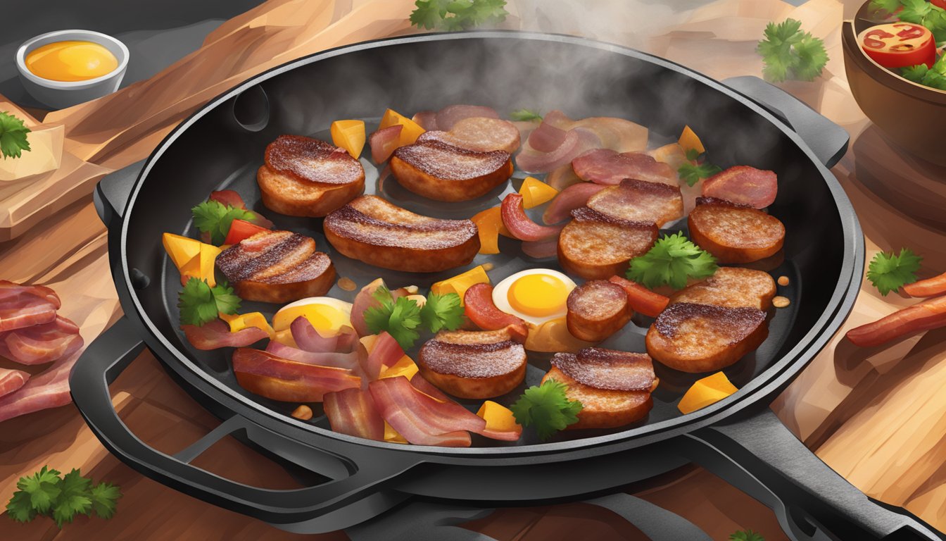 A sizzling skillet with bacon and sausage cooking, emitting savory aromas