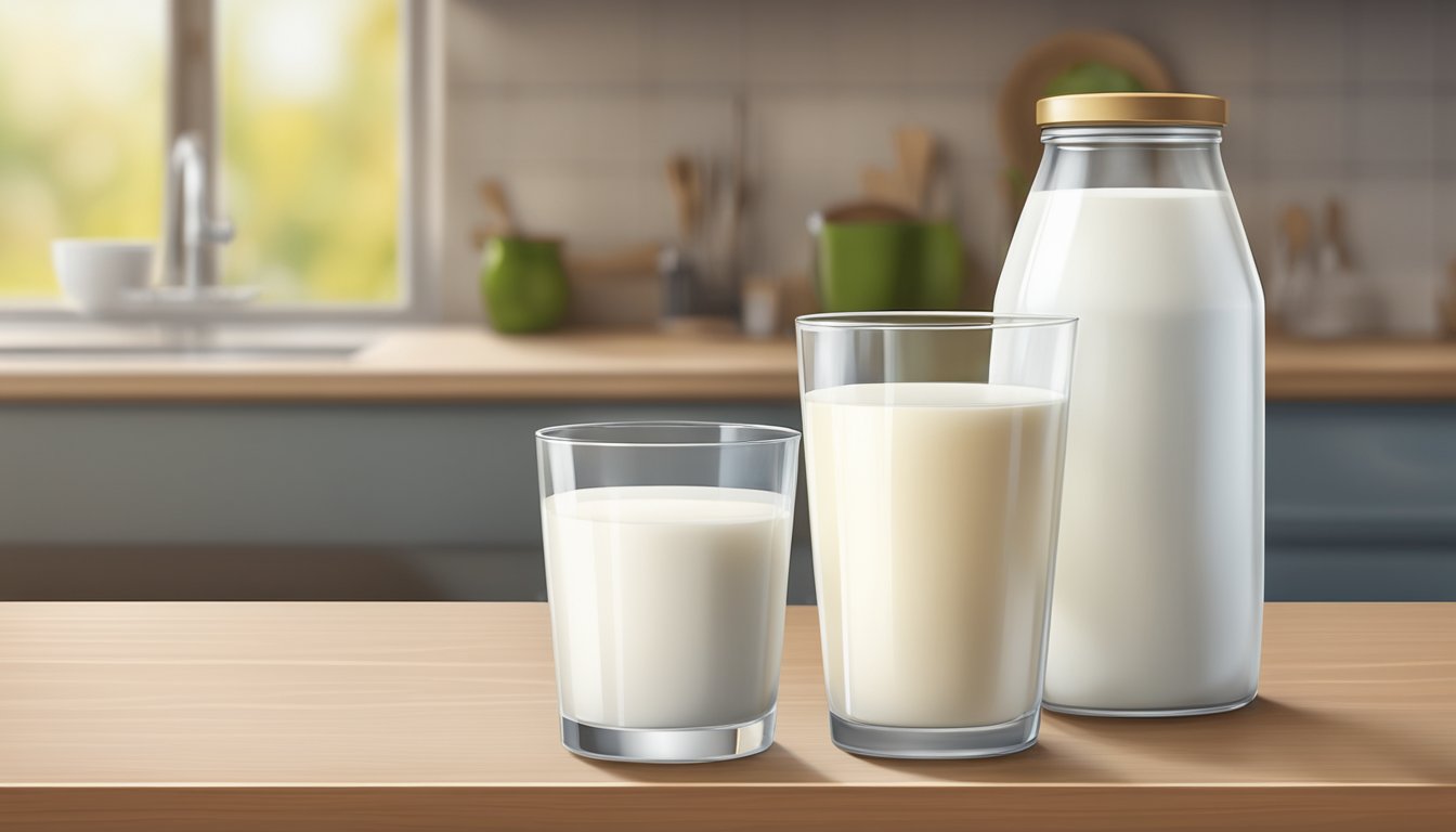 A glass of whole milk and a container of cream sit side by side on a kitchen counter