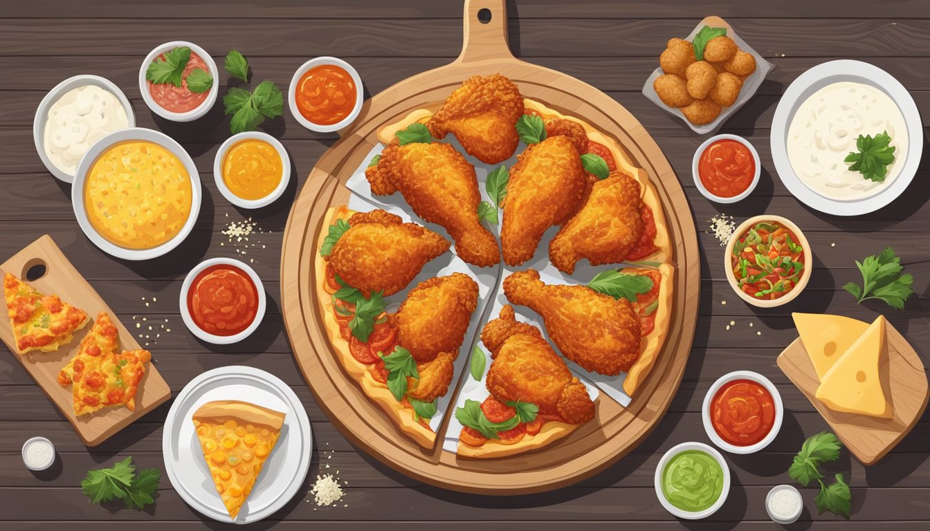 A table set with a crispy fried chicken on a platter and a cheesy pizza on a wooden board, surrounded by various sides and condiments