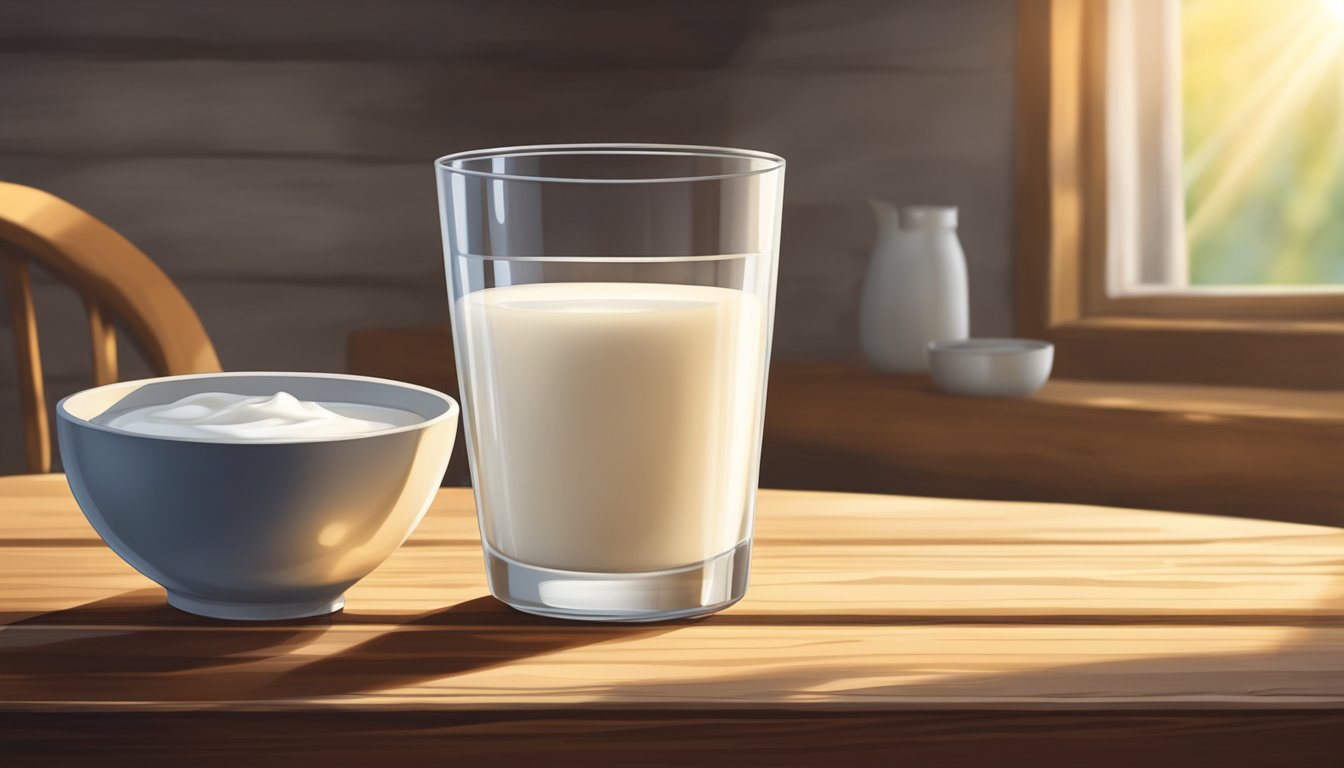 A glass of whole milk and a bowl of cream sit side by side on a rustic wooden table, with a beam of sunlight shining down on them