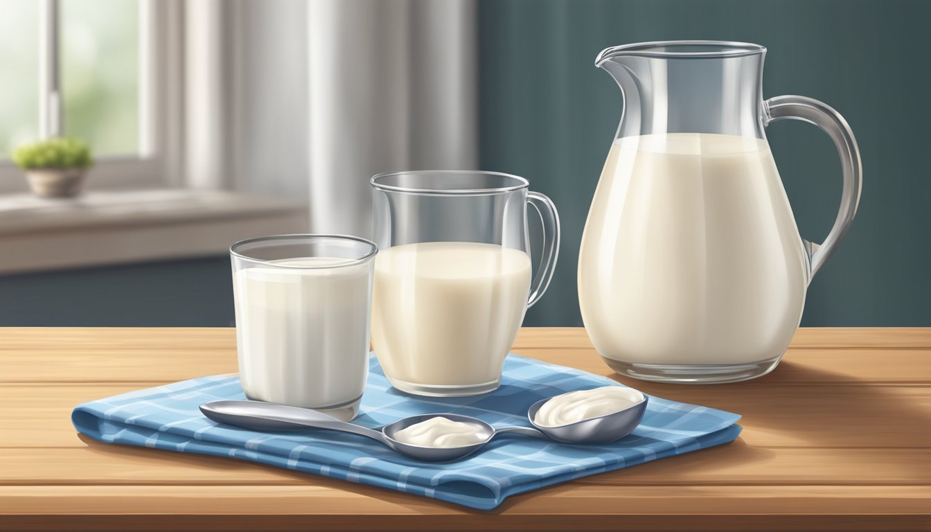 A glass of whole milk and a jug of cream sit on a wooden table, with a measuring cup and spoon nearby