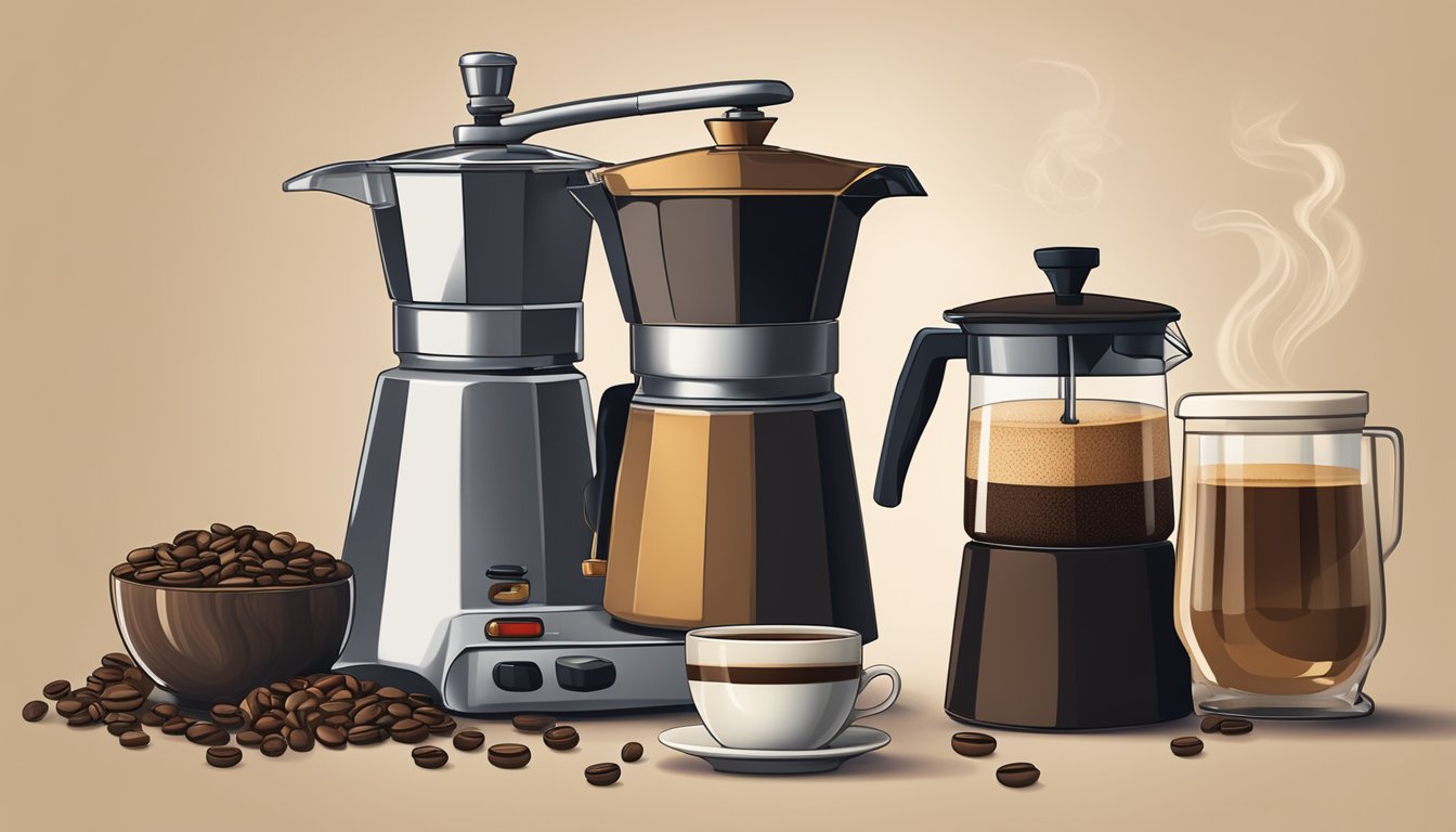 A steaming cup of instant coffee sits next to a decaf coffee pot, surrounded by various coffee beans and a coffee grinder