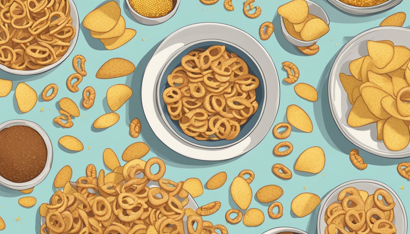 A table with a bowl of chips and a bowl of pretzels, surrounded by scattered crumbs. A person hesitates, trying to decide which snack to choose