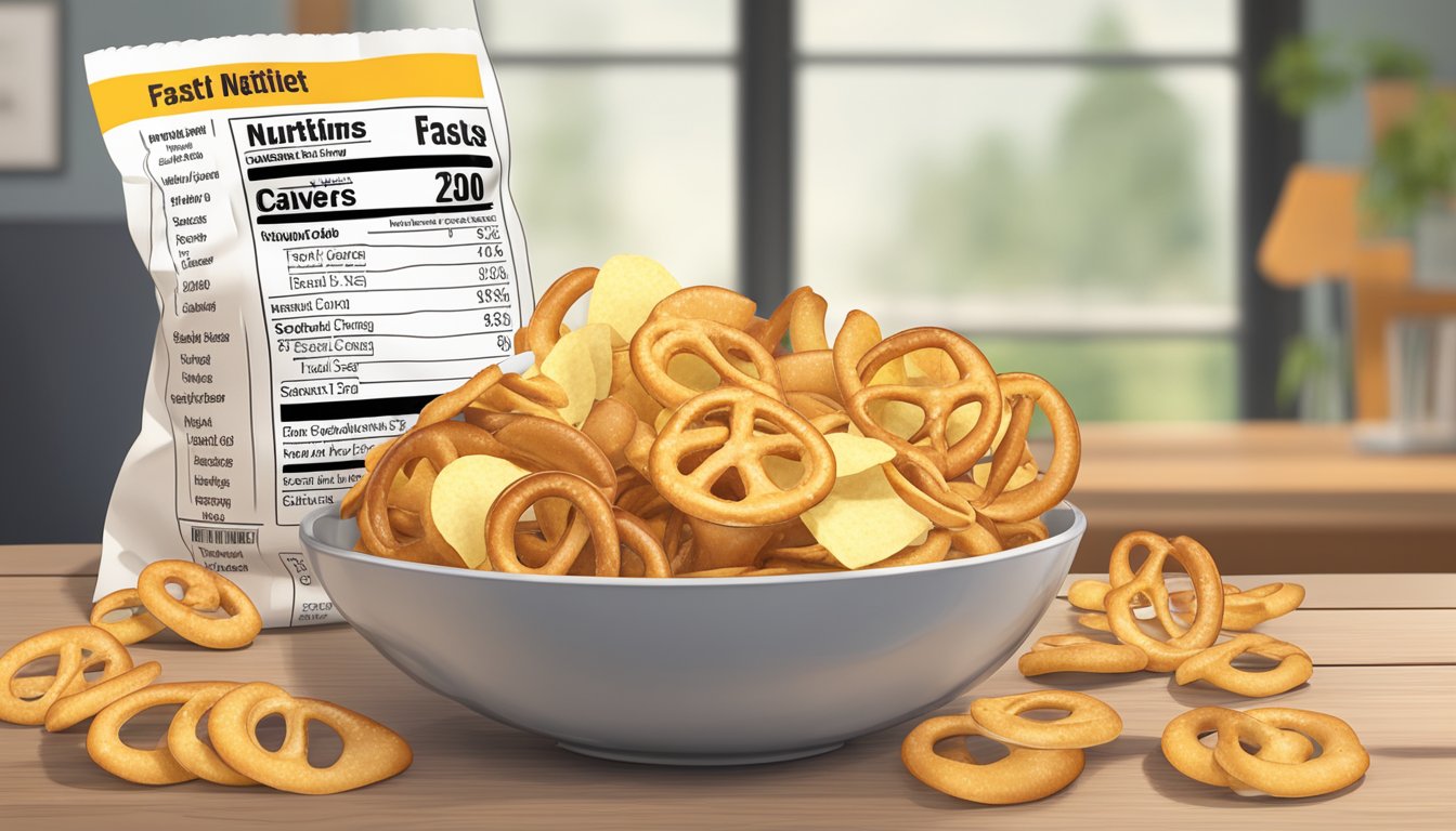 A bowl of chips and pretzels arranged on a table, with a nutrition label visible in the background