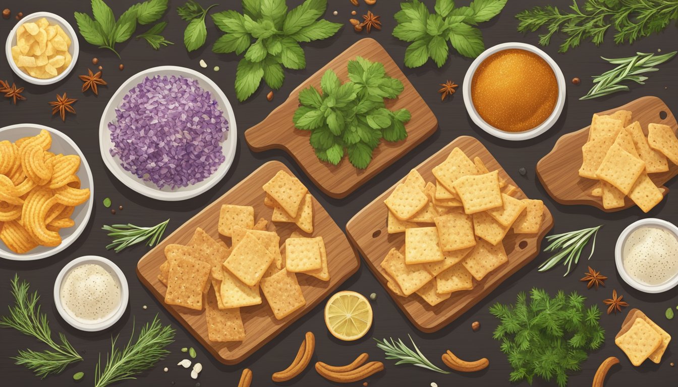 A variety of chips and pretzels spread out on a wooden cutting board, surrounded by fresh herbs and spices