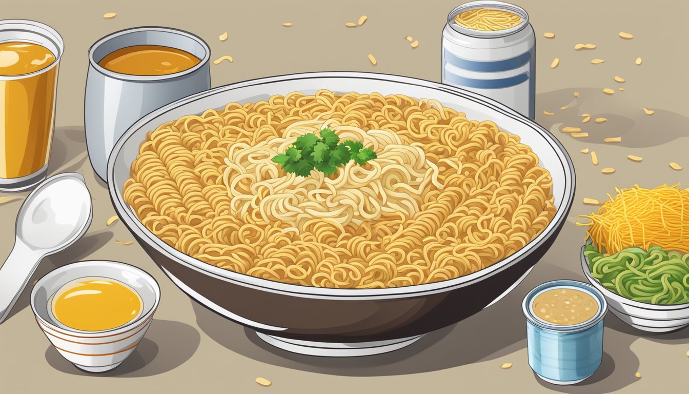 A table with a bowl of instant noodles and a can of soup, surrounded by scattered noodles and spilled broth