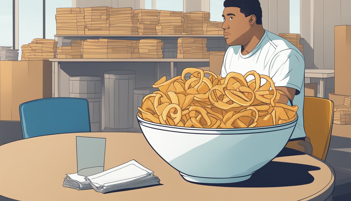 A bowl of chips and pretzels sit on a table, surrounded by empty packaging. A person contemplates which to choose