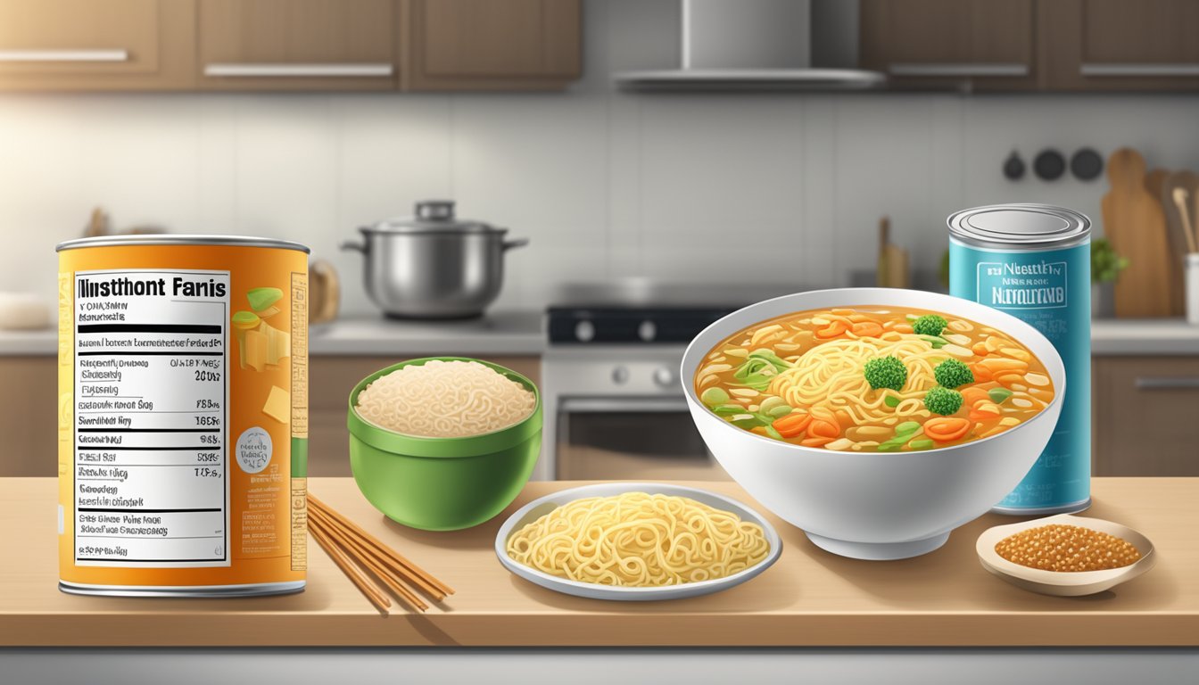 A can of soup and a package of instant noodles on a kitchen counter, surrounded by nutrition labels and ingredients